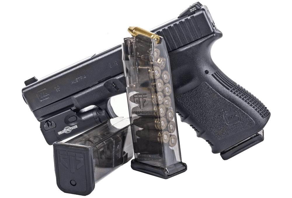 picture of a Glock 19 with two magazines