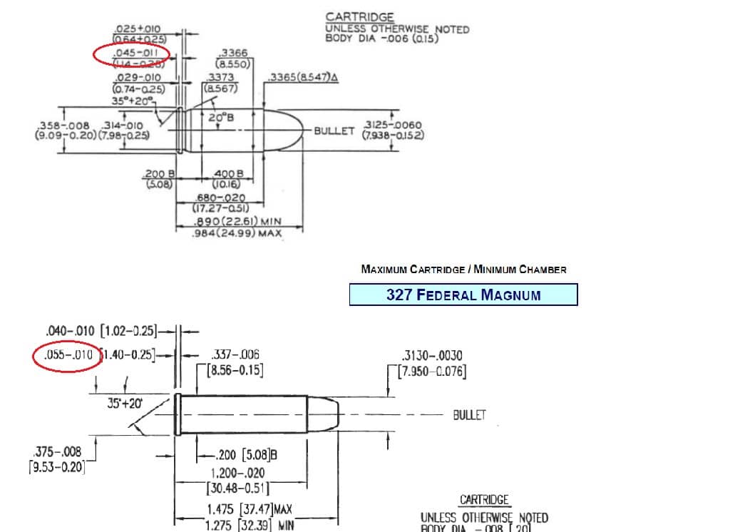 A chart with .327 Federal Magnum cartridge specs