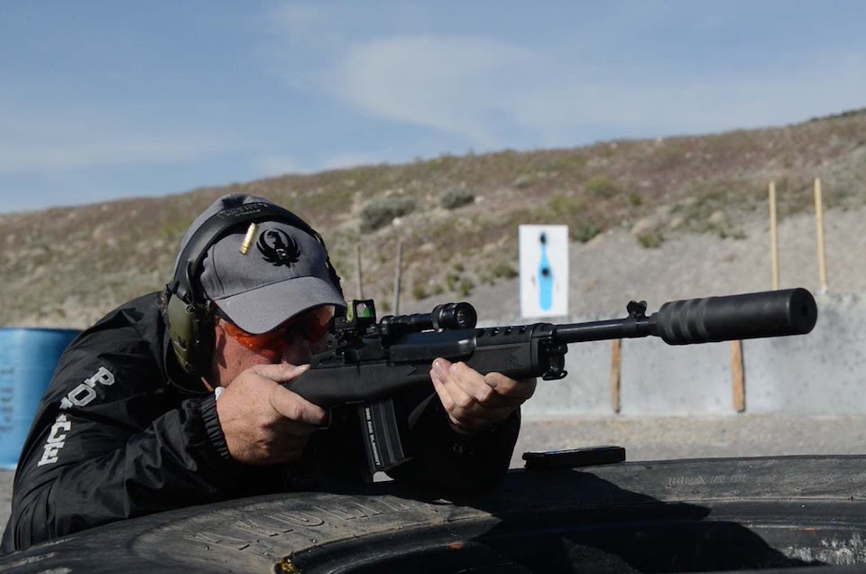 Ruger Mini 14 at the range with a suppressor