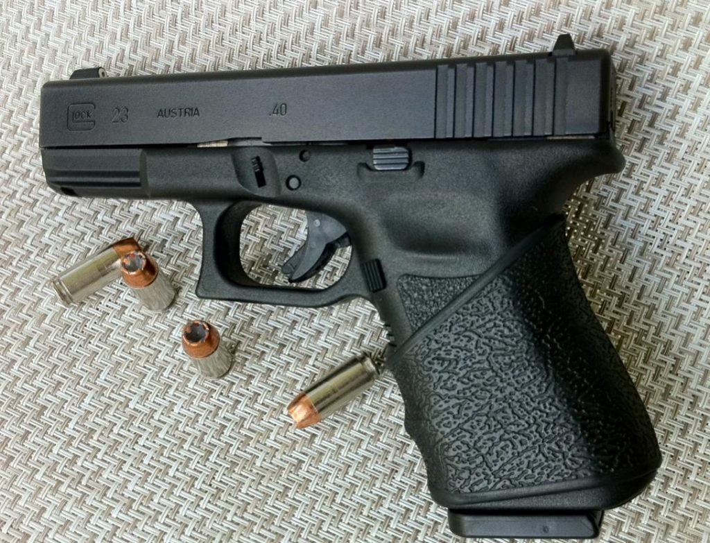 A picture of a Glock handgun chambered in 40 S&W