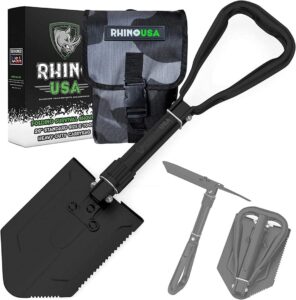 The RHINO USA Folding Survival Shovel collapse down to 9”.