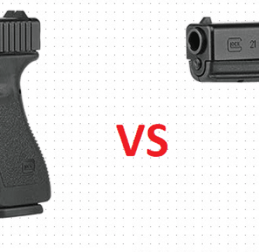 a picture of a glock 20 and a glock 21 with a VS in between